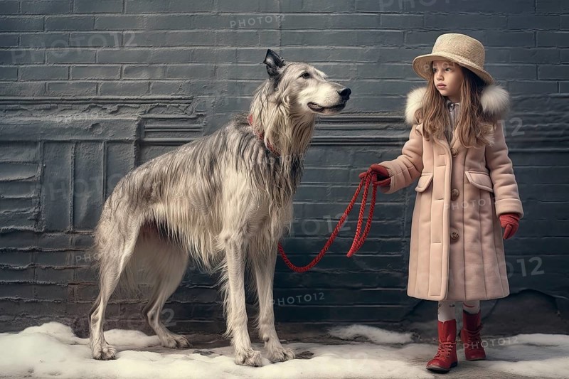 Three years old girl wearing winter clothes leading on a leash a huge Russian Wolfhound in an urban environment