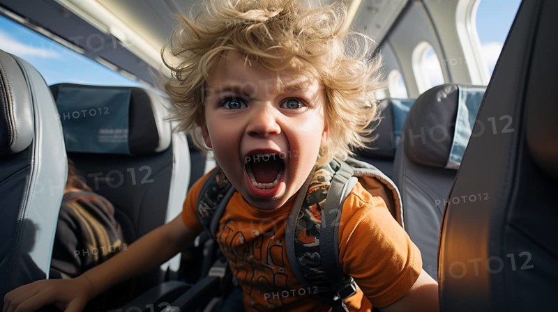 Irate child causing mayhem on an airplane bothering everyone on board. generative AI