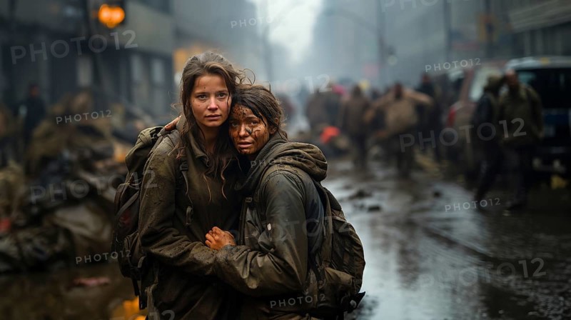 Frightened sisters embrace in the streets of their war ravaged city. generative AI