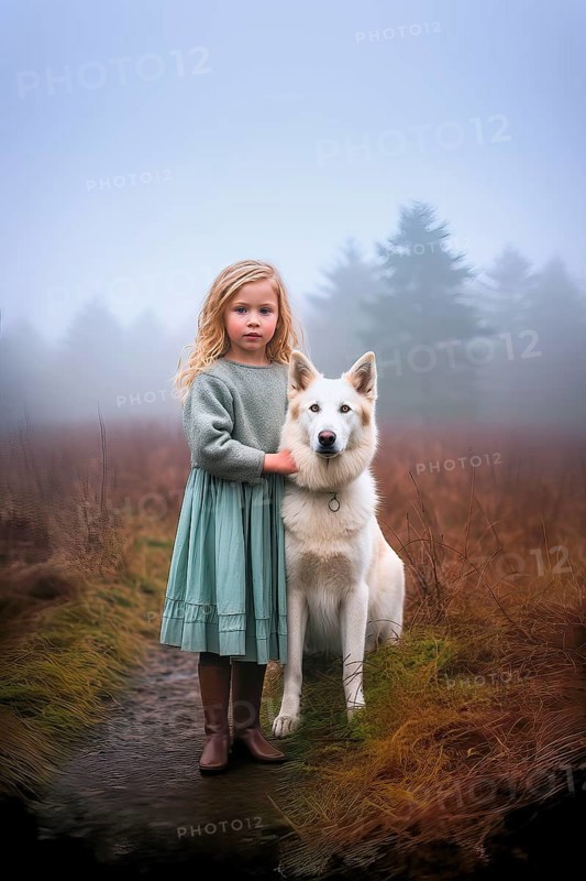 Pretty six years old girl with a green dress standing near a huge Swiss White Shepherd dog sitting in an autumnal foggy forest