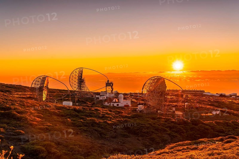 The new astronomical observatory of the Caldera de Taburiente in a beautiful orange sunset