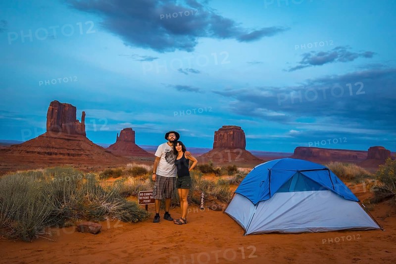 A couple in Blue tent at The View Campground campsite in Monument Valley itself