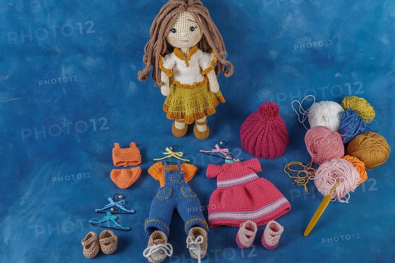 Handmade amigurumi doll with clothes and accessories