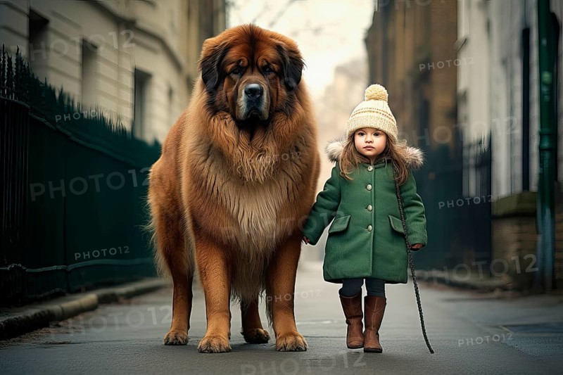 Three years old girl wearing winter clothes leading on a leash a huge Leonberger dog in an urban environment