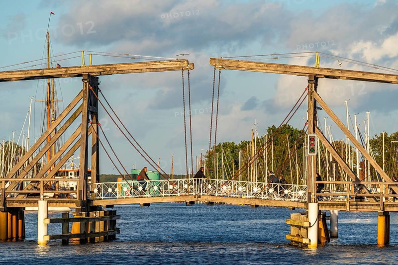 Historic Wieck wooden bascule bridge over the river Ryck