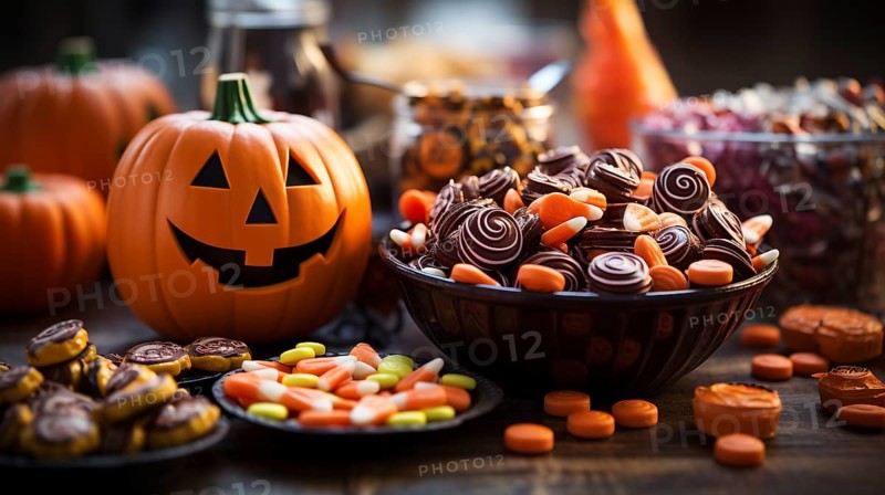 Halloween pumpkins and bowls of candy treats on A table. generative AI