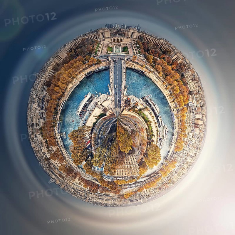 Aerial Paris as a micro planet in space. Sightseeing city panorama in shape o a globe with view to Seine river