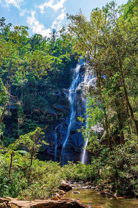 Waterfall between rocks and trees in the rainforest in the state of Minas Gerais