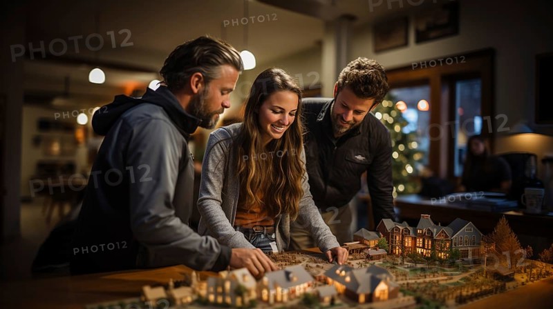 Real estate agent discussing with a young adult couple A new housing development model on the table in front of them. generative AI