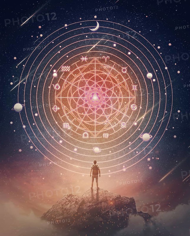 Marvelous scene with a person on the top of a mountain watching the astrological wheel projection on the starry night sky. Zodiac signs