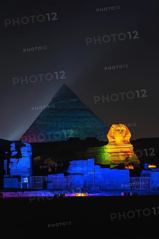 Sound and light show at the beautiful pyramids and sphinx of Giza. Night in the city of Cairo. Africa