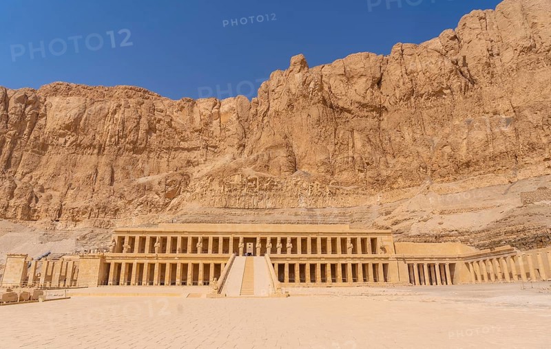 View of the Mortuary Temple of Hatshepsut without people on the way back from tourism in Luxor after the coronavirua pandemic