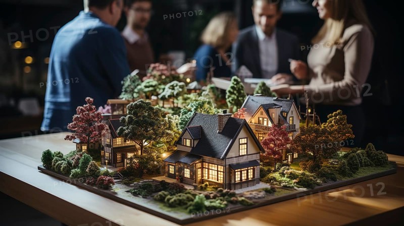Small scale model of a housing developement design on the table in A real estate office. generative AI