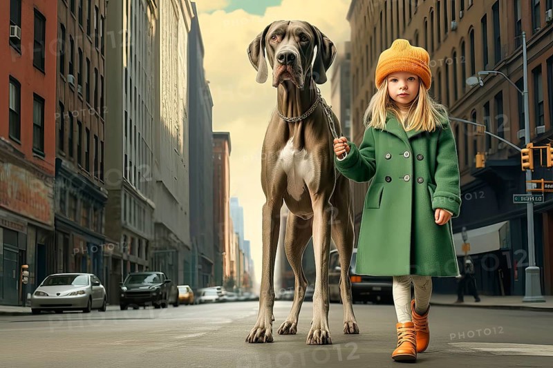 Three years old girl wearing green winter clothes leading on a leash a huge Great Dane in an urban environment