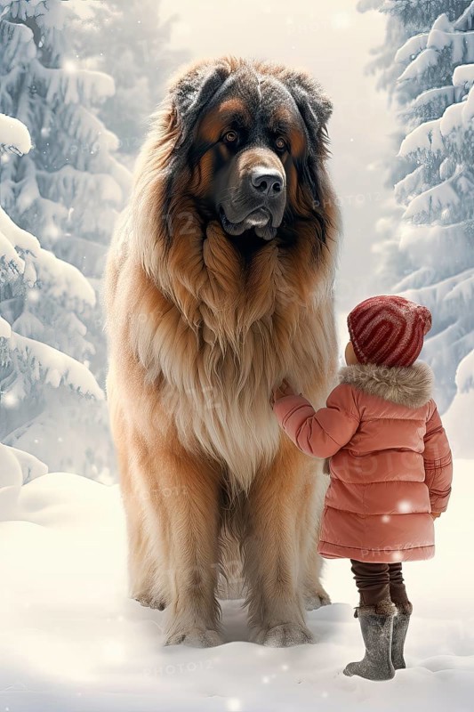 Three years old little girl wearing winter coat petting a huge Leonberger in a snowy forest environment with the dog looking down at the girl