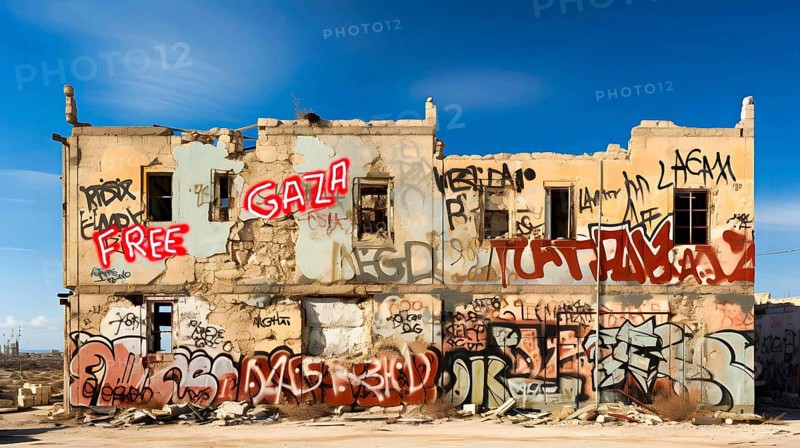 On the wall of a shot-up house on the outskirts of a town