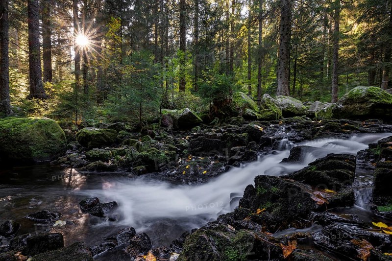 Waterfall in autumn forest with rocks