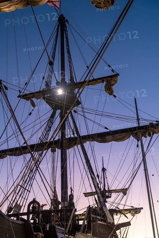 Detail of the old ship in the promenade of Muelle Uno in the Malagaport of the city of Malaga