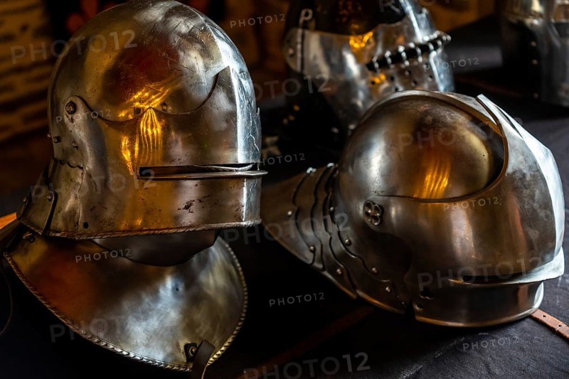 Knights and medieval armor in the castle of Fougeres. Brittany region