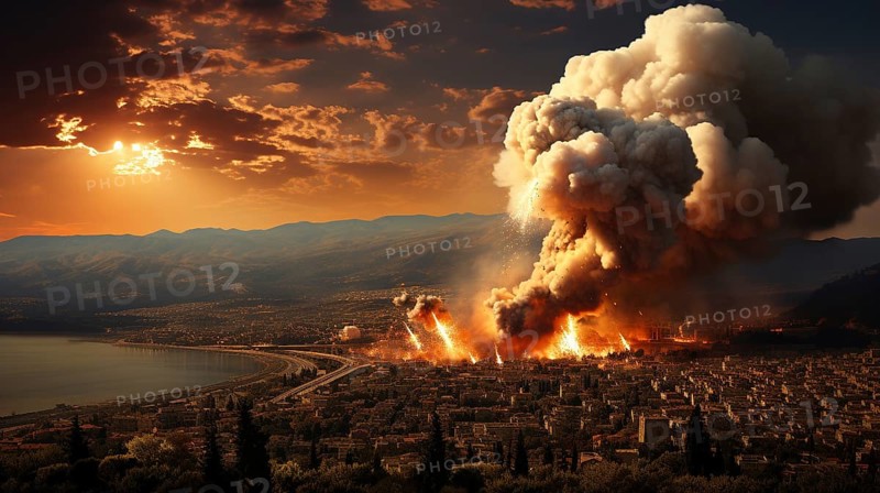 Explosions in a war torn middle eastern city. generative AI