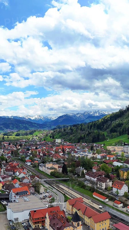 Aerial view of Immenstadt im Allgaeu with a view of the Alps. Immenstadt im Allgaeu