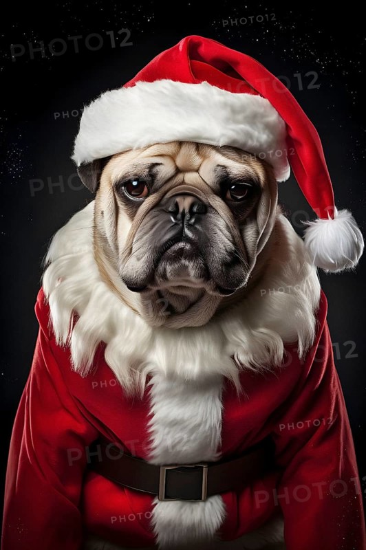 Studio shot of a grumpy looking pug dressed in a Santa Claus costume looking straight at the camera. Generative AI