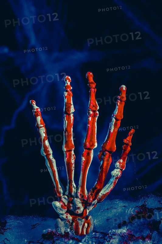 Bloodied skeleton hand in front of artificial cobwebs