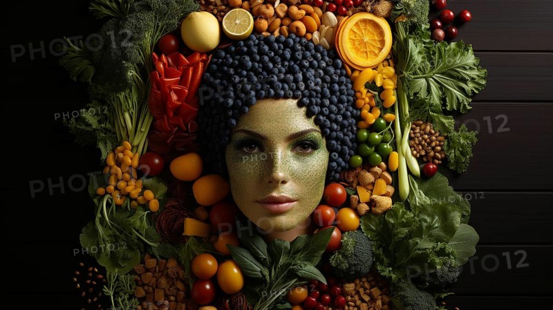Headshot portrait of healthy woman surrounded by and partially made of fruits and vegetables