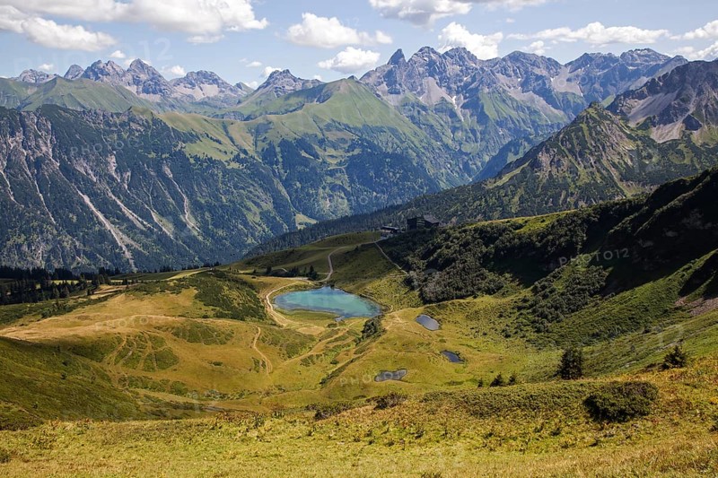 View from the Fellhorn ridge of Schlappoldsee and the Allgaeu Alps