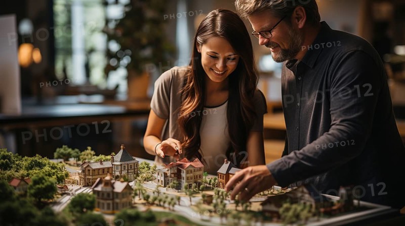 Architects working together assembling A small scale model housing developement on the table. generative AI