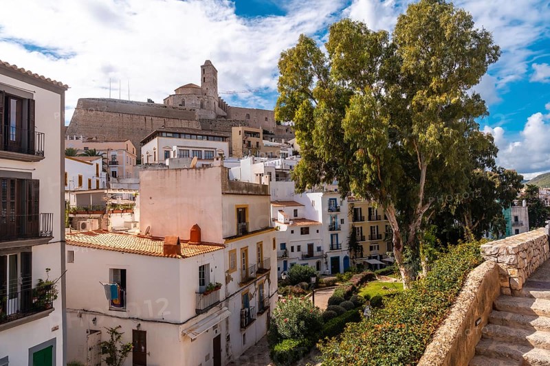 Cathedral of Santa Maria de la Neu from the castle wall of the city of Ibiza