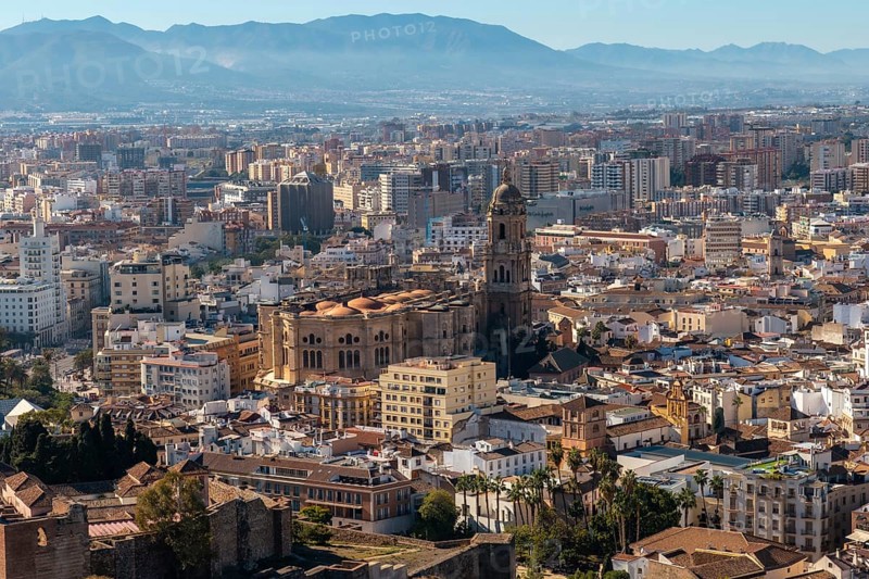 Views of the city and the Cathedral of the Incarnation of Malaga from the Gibralfaro Castle in the city of Malaga