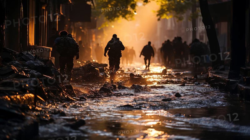 Soldiers scramble amidst explosions in a war torn middle eastern city. generative AI