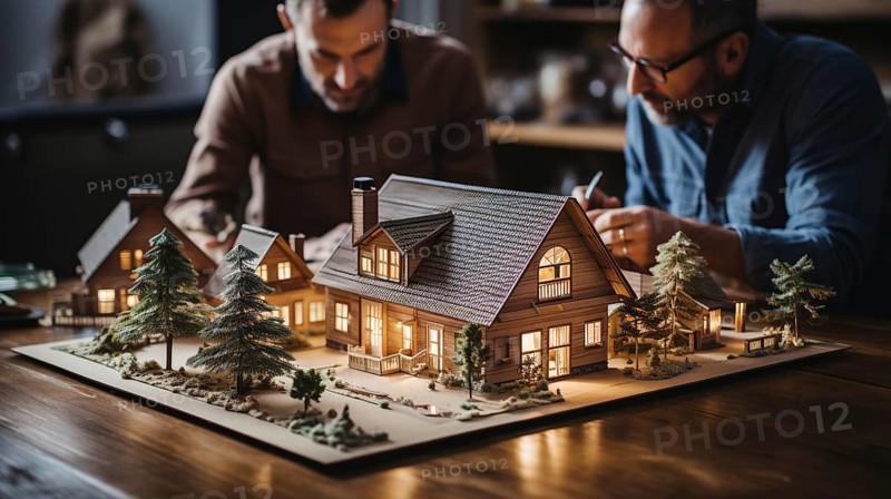 Architects working together assembling A small scale model housing developement on the table. generative AI