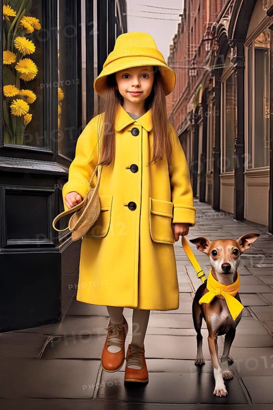 Eight years old girl wearing a yellow raincoat and hat walking with an Italian Greyhound on the leash