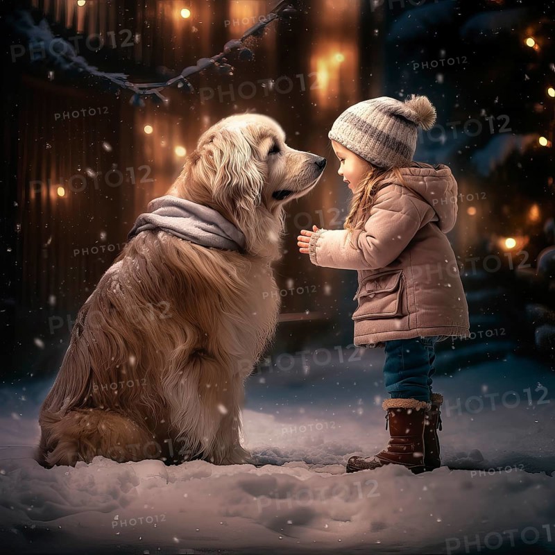 Three years old girl wearing winter clothes petting a huge Saint Bernadin in a snowy urban environment