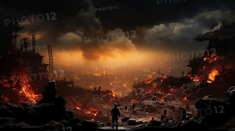Soldiers surveying the landscape amidst explosions in a war torn city. generative AI