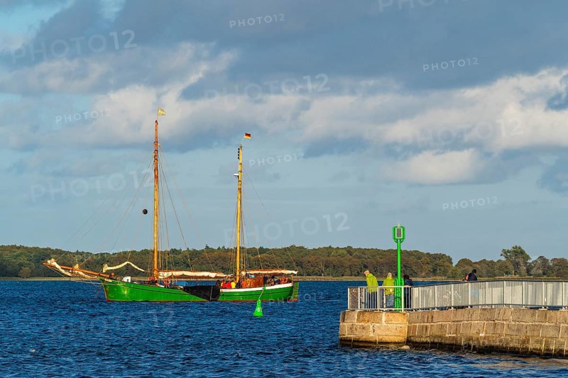 Traditional sailing boat in front of the pier at the Utkiek viewpoint in the fishing village of Wieck