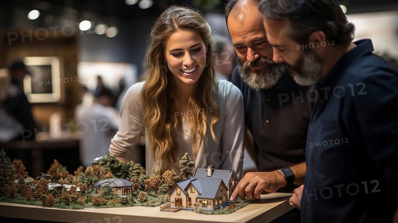 Real estate agent discussing with a young adult couple A new housing development model on the table in front of them. generative AI
