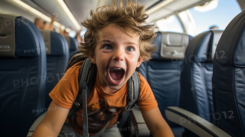 Irate child causing mayhem on an airplane bothering everyone on board. generative AI