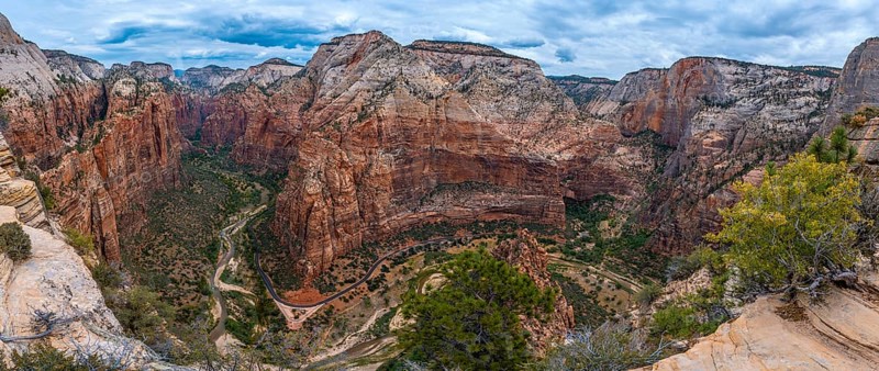 Panoramic view of the incredible views from the Angels Landing Trail up the mountain in Zion National Park