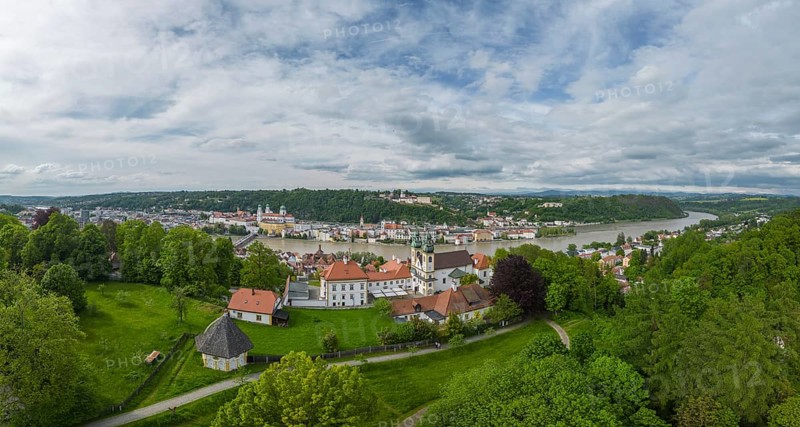 Aerial view of Pauline monastery and old town of Passau with Veste Oberhaus