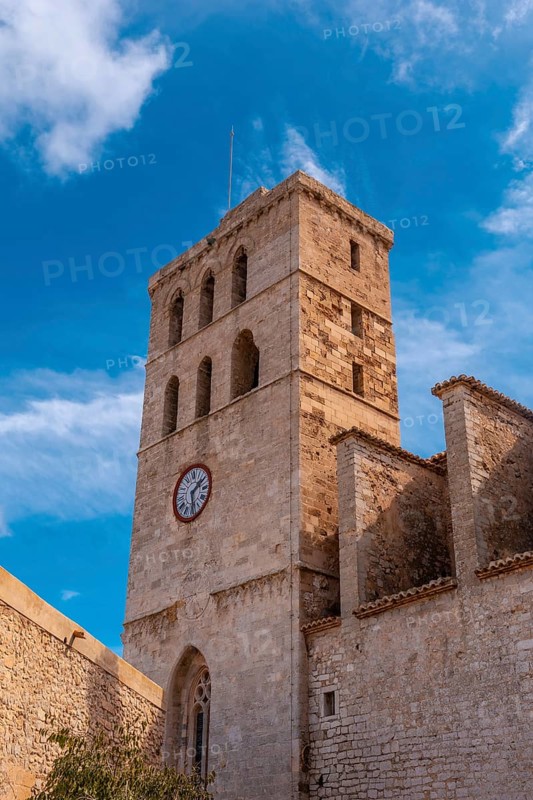 The beautiful cathedral of Santa Maria from the wall of the medieval castle of Ibiza