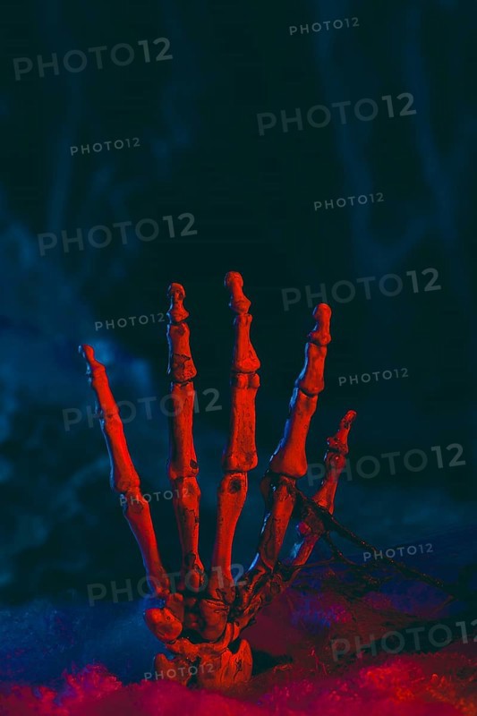 Skeleton hand in front of artificial cobwebs