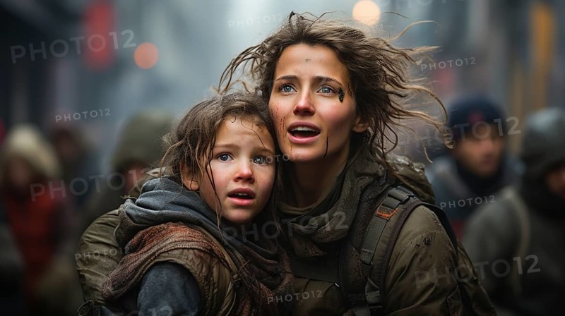 Frightened mother and young child daughter running in the streets of their war ravaged city. generative AI