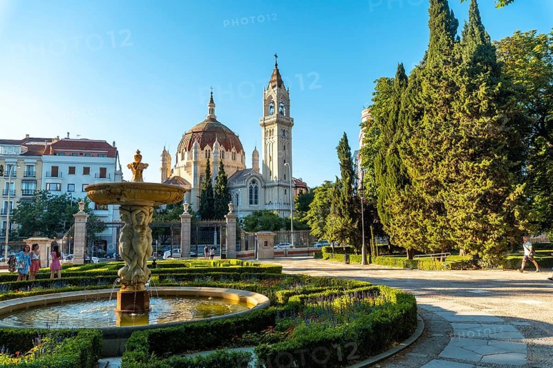 San Manuel y San Benito Parish seen from the Retiro Park in the city of Madrid. Spain in summer