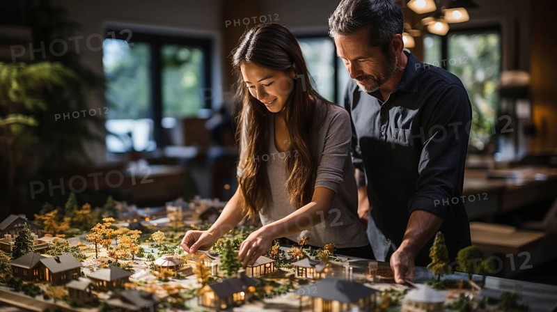 Architects working together assembling A small scale model housing developement on the table. generative AI