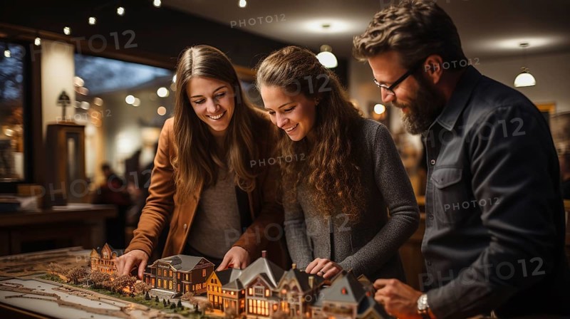 Real estate agent discussing with a young adult couple A new housing development model on the table in front of them. generative AI