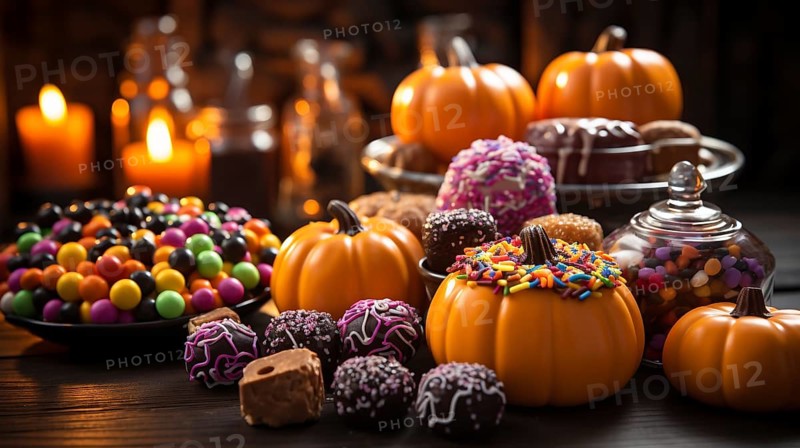 Pumpkins and halloween candy treats on A table. generative AI