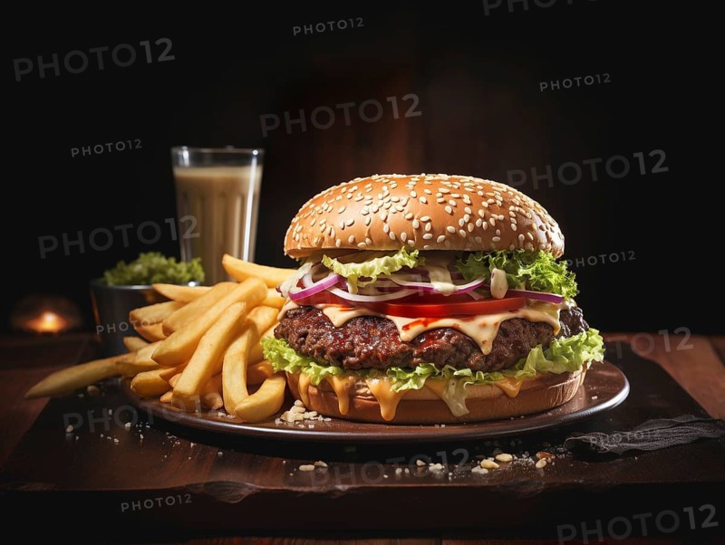 Fresh cooked delicious cheeseburger with all the fixings with fries. generative AI